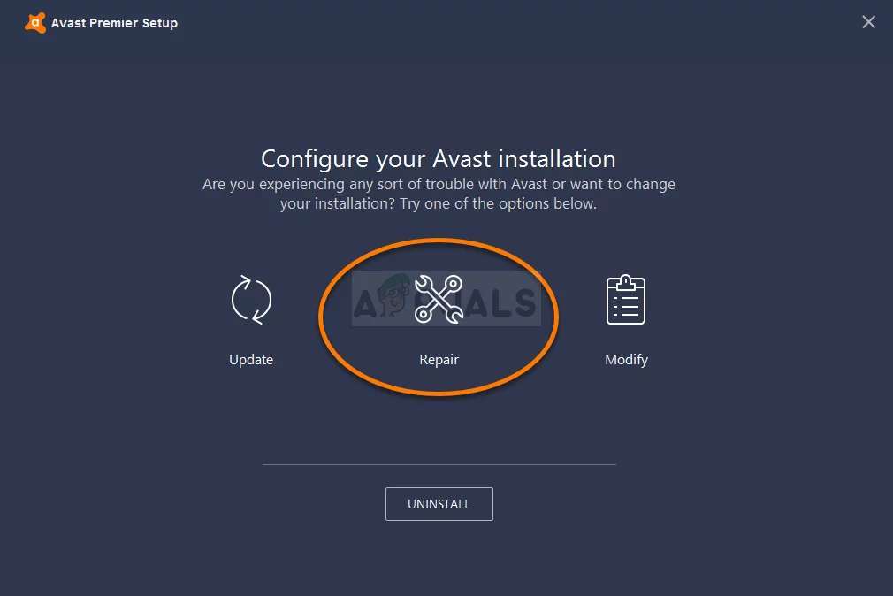 Repairing the Avast software